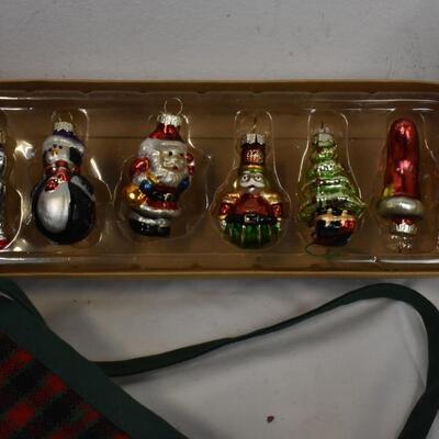 Christmas lot 12+ pc: blown glass ornaments, tree skirt, figurines, wicker basket