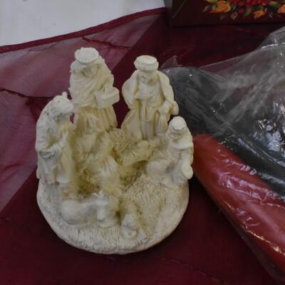 Christmas lot: sheer table runner, stocking holders, nativity, lights-WORK