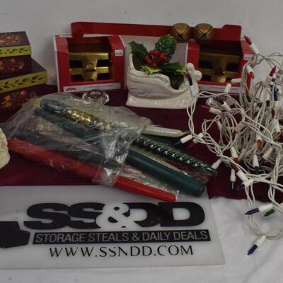 Christmas lot: sheer table runner, stocking holders, nativity, lights-WORK