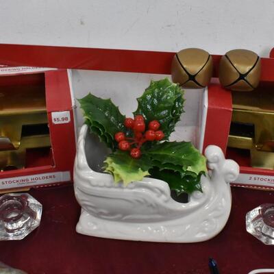 Christmas lot: sheer table runner, stocking holders, nativity, lights-WORK