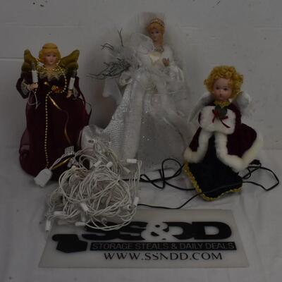 3 Tree top Angels, (2) light up, strand of white lights--WORKS