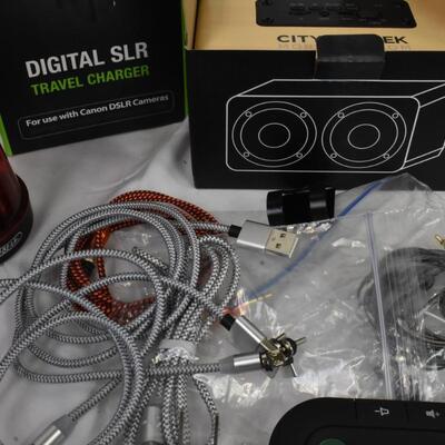 Electronics lot: Digital SLR travel charger, lighted dome reading magnifier