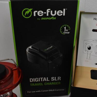 Electronics lot: Digital SLR travel charger, lighted dome reading magnifier