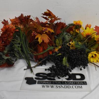 Faux Floral stems/berries leaves: Fall Chrysanthemums, Dahlias, Sunflowers