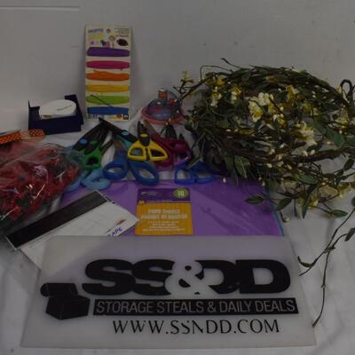 Craft lot: Creative Memories, decorative scissors, garland, foam sheets, ribbon