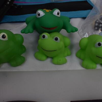 Kids lot: reusable sticker books, frogs, Multiplication Battleship, lunch cooler