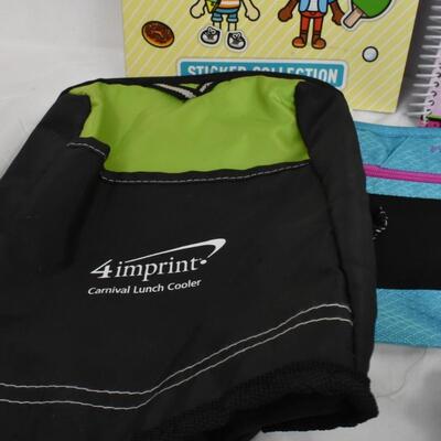 Kids lot: reusable sticker books, frogs, Multiplication Battleship, lunch cooler