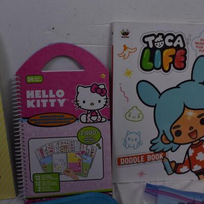 Kids lot: reusable sticker books, frogs, Multiplication Battleship, lunch cooler