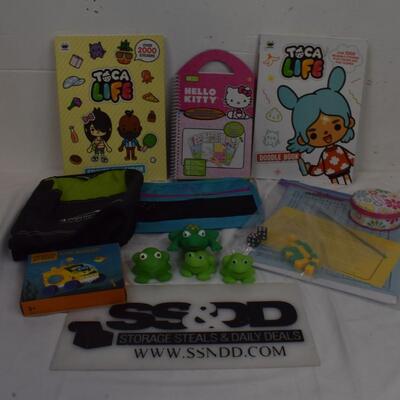 Kids lot: reusable sticker books, frogs, Multiplication Battleship, lunch cooler