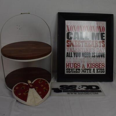 3 Pc Home decor: tiered tray, Valentine framed print, hanging kitchen hot pad