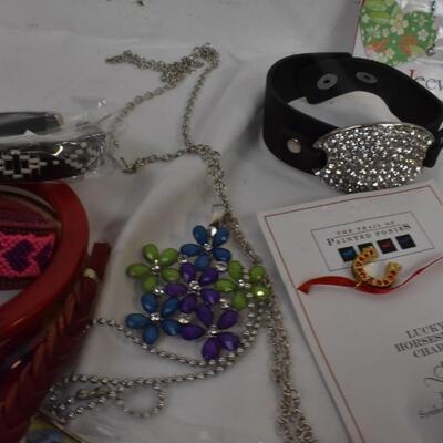 Large lot Kitsch/Unique Costume Jewelry: Beads, bracelets, necklaces, ring w/purple stone