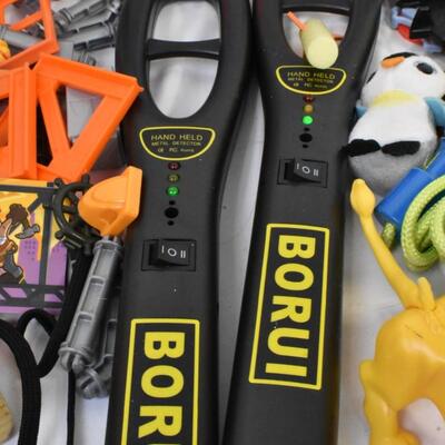 Toy lot: Spiderman, metal detector-turns on, cash register, wood train whistle