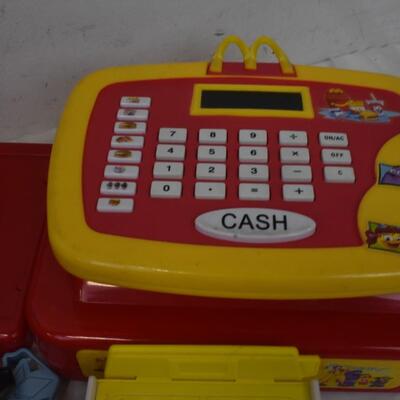 Toy lot: Spiderman, metal detector-turns on, cash register, wood train whistle