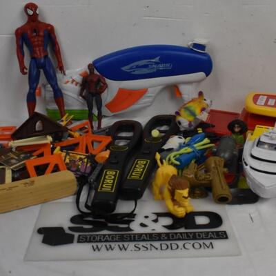 Toy lot: Spiderman, metal detector-turns on, cash register, wood train whistle