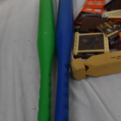 Toy lot: Spiderman, metal detector-turns on, cash register, wood train whistle