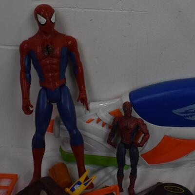 Toy lot: Spiderman, metal detector-turns on, cash register, wood train whistle