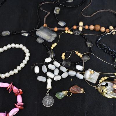 Various Stones, Shells + Faux natural Looking Costume Jewelry, 15+ Items