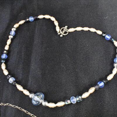 7 Dainty Necklaces, Small or Childrens Size, Gold Color or Black/Blue Beads Costume Jewelry