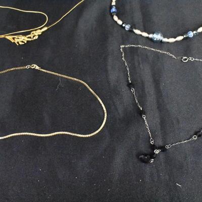 7 Dainty Necklaces, Small or Childrens Size, Gold Color or Black/Blue Beads Costume Jewelry