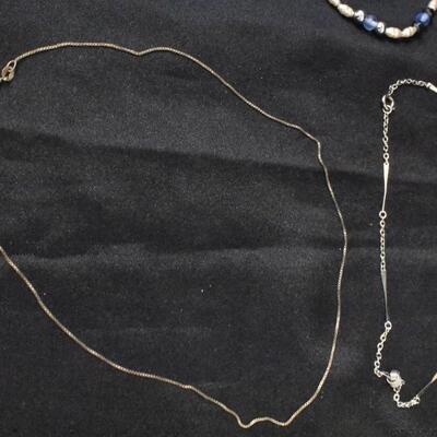 7 Dainty Necklaces, Small or Childrens Size, Gold Color or Black/Blue Beads Costume Jewelry