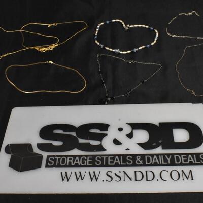 7 Dainty Necklaces, Small or Childrens Size, Gold Color or Black/Blue Beads Costume Jewelry