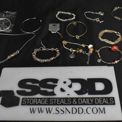 13 pc Costume Jewelry Items Various Charm Bracelets/Necklaces + Other Unique Pieces, Gold & Silver Toned