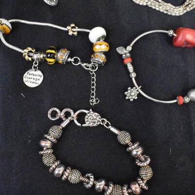 13 pc Costume Jewelry Items Various Charm Bracelets/Necklaces + Other Unique Pieces, Gold & Silver Toned