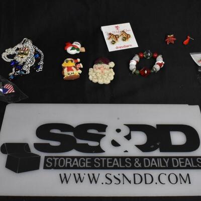 Christmas Pin & Costume Jewelry Lot. 4th of July Jewelry, Necklaces, Earrings, Pins