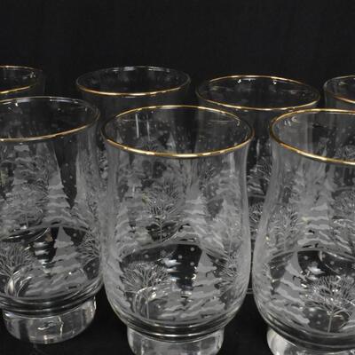 10 Winter Themed Wine Glasses: 8 Snowy Forest Scene, 2 Mistletoe, Gold Rims