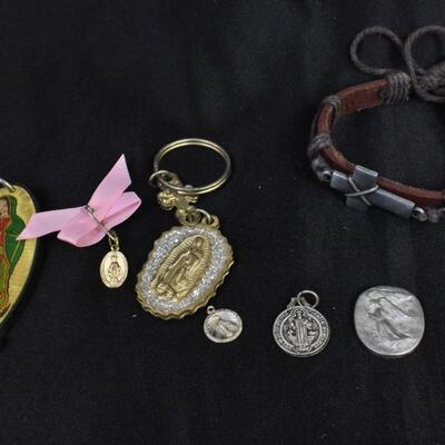 9 Christian Religions Pieces, Mother Mary Pendants and Crucifix. Costume Jewelry