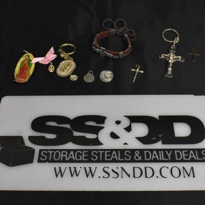 9 Christian Religions Pieces, Mother Mary Pendants and Crucifix. Costume Jewelry