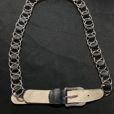 Metal and Black Leather Designer Belt 30â€