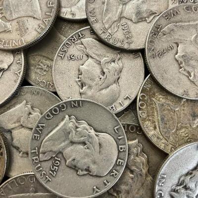 Estate Collection of 12 Silver Franklin Half Dollar Coins. Good to Very Good Condition