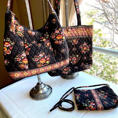 Lot 73 Vera Bradley 3 pcs Tote Bucket Shoulder Bag Zip Top Black Floral