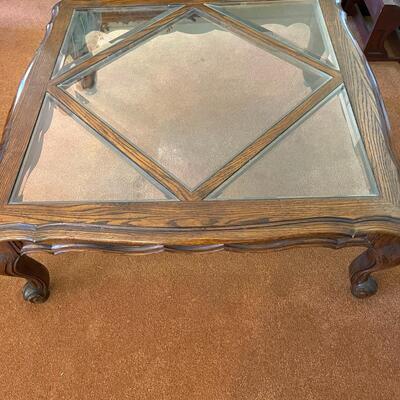 Lot 80 Large Square Coffee Table Beveled Glass Inserts Cabrillo Legs Chunky Style