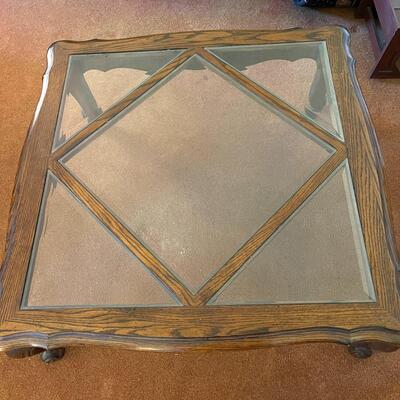 Lot 80 Large Square Coffee Table Beveled Glass Inserts Cabrillo Legs Chunky Style