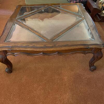 Lot 80 Large Square Coffee Table Beveled Glass Inserts Cabrillo Legs Chunky Style