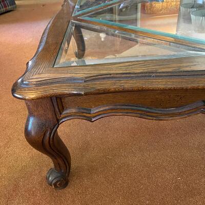 Lot 80 Large Square Coffee Table Beveled Glass Inserts Cabrillo Legs Chunky Style