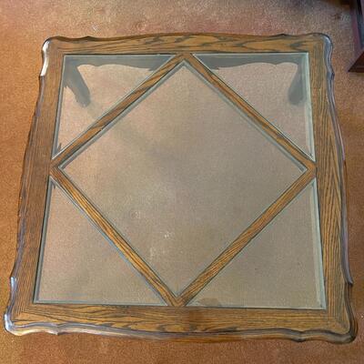 Lot 80 Large Square Coffee Table Beveled Glass Inserts Cabrillo Legs Chunky Style