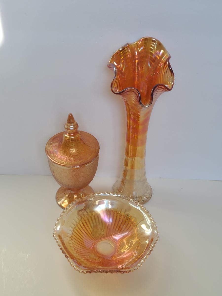 Lot 14 Carnival Glass Lidded Candy Dish, Scalloped Rim Vase, and Bowl