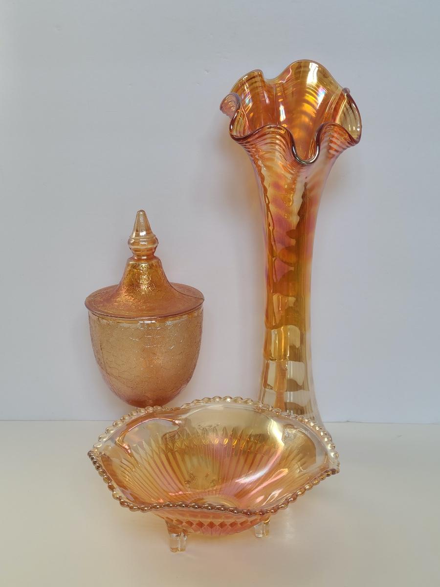 Lot 14 Carnival Glass Lidded Candy Dish, Scalloped Rim Vase, and Bowl