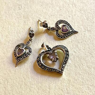 Lot 86 Sterling Silver Heart Pendant & Earrings Purple Stone & Marcasites