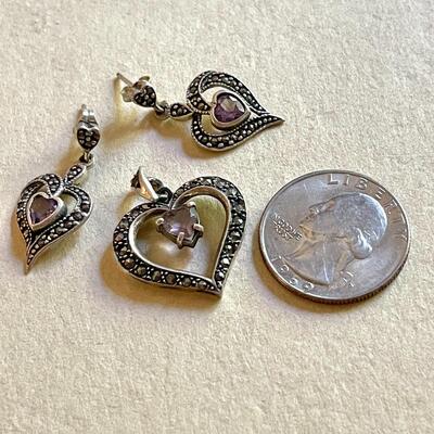 Lot 86 Sterling Silver Heart Pendant & Earrings Purple Stone & Marcasites
