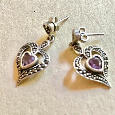 Lot 86 Sterling Silver Heart Pendant & Earrings Purple Stone & Marcasites
