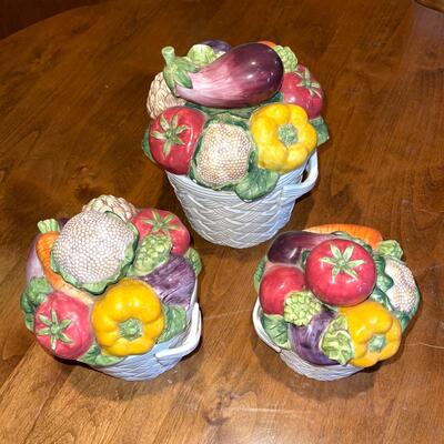 Lot 92 Fitz Floyd 3 Canister Set Ceramic Baskets w/ Vegetables Cornucopia