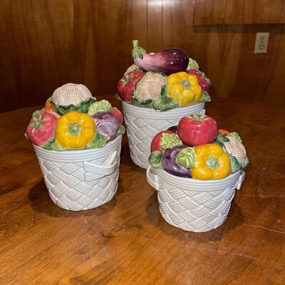 Lot 92 Fitz Floyd 3 Canister Set Ceramic Baskets w/ Vegetables Cornucopia