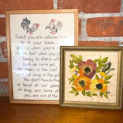 Lot Group 4 Framed Needle Point Pieces Owls Flowers Mottos