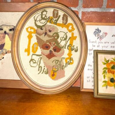 Lot Group 4 Framed Needle Point Pieces Owls Flowers Mottos