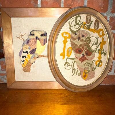Lot Group 4 Framed Needle Point Pieces Owls Flowers Mottos