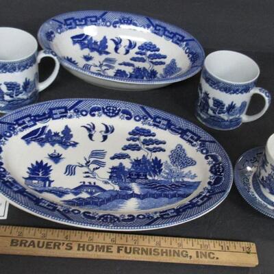 Vintage Blue Willow Lot, Platter, Veggie Bowl, Mugs, England C/S